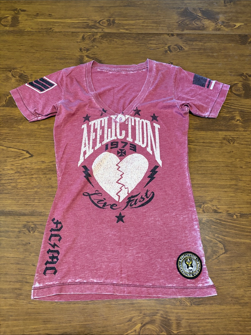 Affliction Women's Pink Distressed V-Neck Graphic Tee